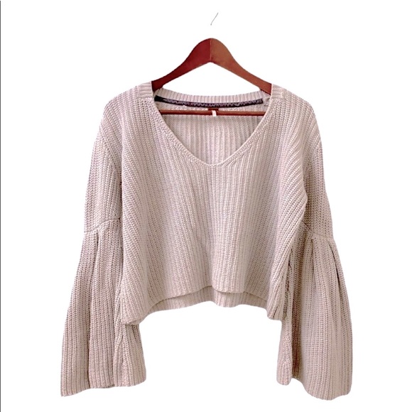 Free People Stone Chinky Knit Dramatic Bell Sleeve Pullover Sweater - Picture 5 of 8